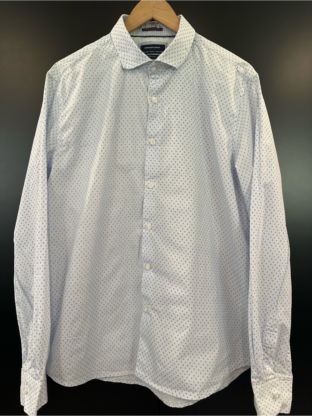 Denim &‎ Flower Ricky Singh Mens XL Blue White Diamond Print Button Down Shirt